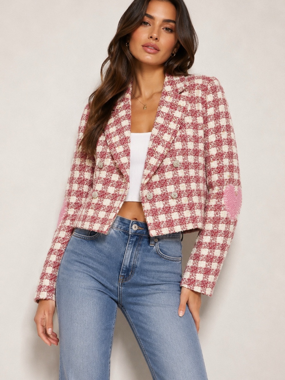 NWT AQUA x Kerri Rosenthal Tweed Heart Elbow Patch Blazer Sz XS